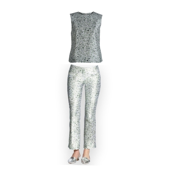 Tory Burch Tops - Tory Burch Green And White Floral Printed Silk Trouser Set Size 2